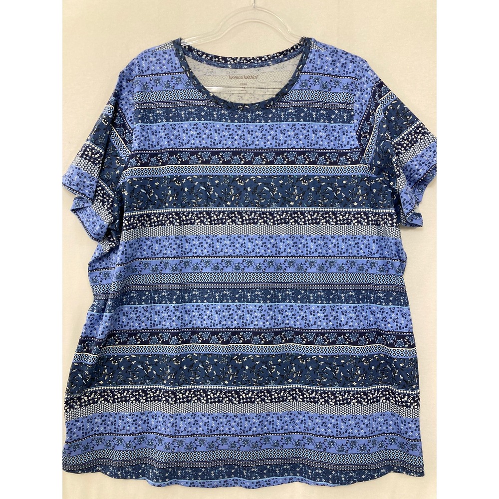 Woman Within Top 1X 22/24 Blue Floral Geometric Stripe Cotton‎ Tee Casual